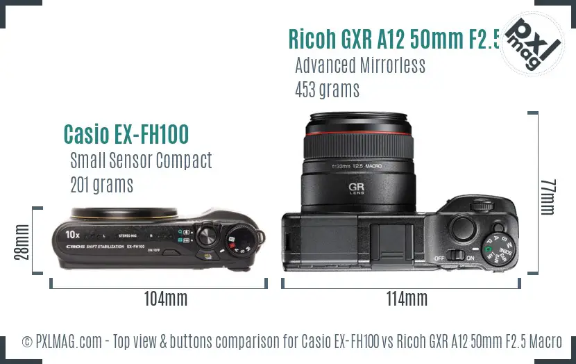 Casio EX-FH100 vs Ricoh GXR A12 50mm F2.5 Macro top view buttons comparison