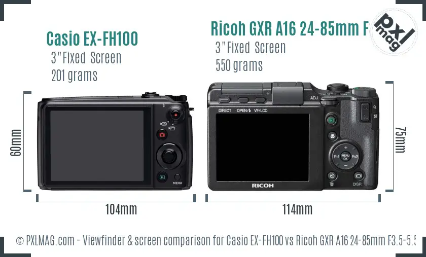 Casio EX-FH100 vs Ricoh GXR A16 24-85mm F3.5-5.5 Screen and Viewfinder comparison