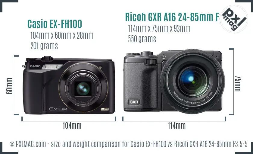 Casio EX-FH100 vs Ricoh GXR A16 24-85mm F3.5-5.5 size comparison