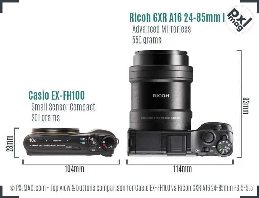 Casio EX-FH100 vs Ricoh GXR A16 24-85mm F3.5-5.5 top view buttons comparison