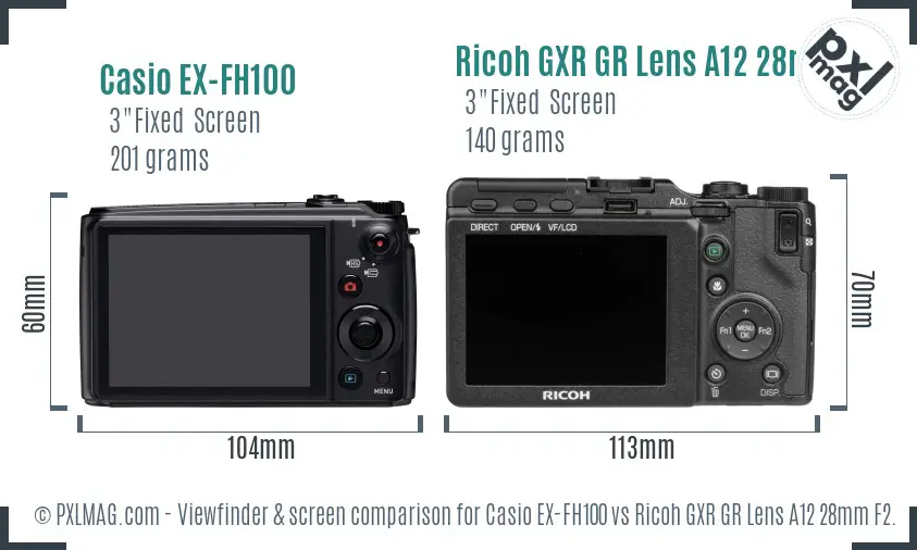 Casio EX-FH100 vs Ricoh GXR GR Lens A12 28mm F2.5 Screen and Viewfinder comparison
