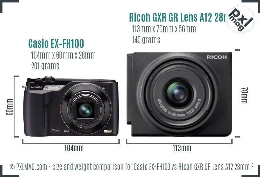 Casio EX-FH100 vs Ricoh GXR GR Lens A12 28mm F2.5 size comparison