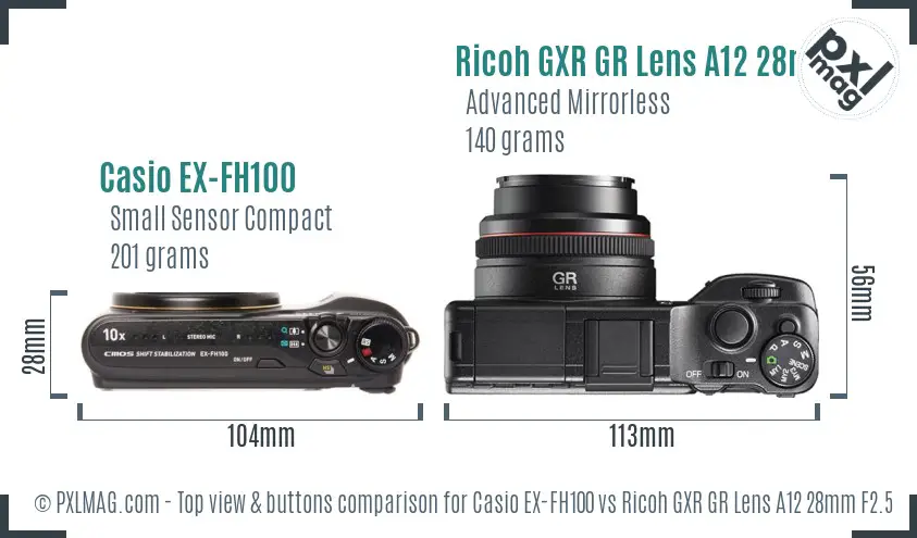 Casio EX-FH100 vs Ricoh GXR GR Lens A12 28mm F2.5 top view buttons comparison