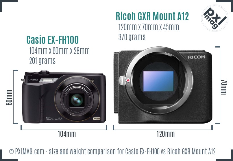 Casio EX-FH100 vs Ricoh GXR Mount A12 size comparison