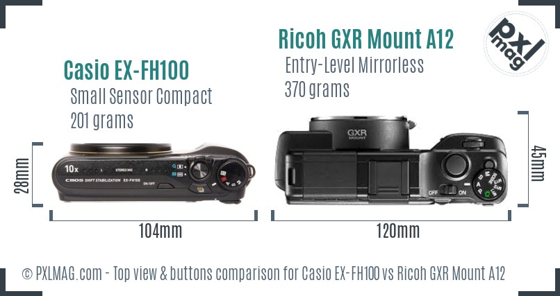 Casio EX-FH100 vs Ricoh GXR Mount A12 top view buttons comparison