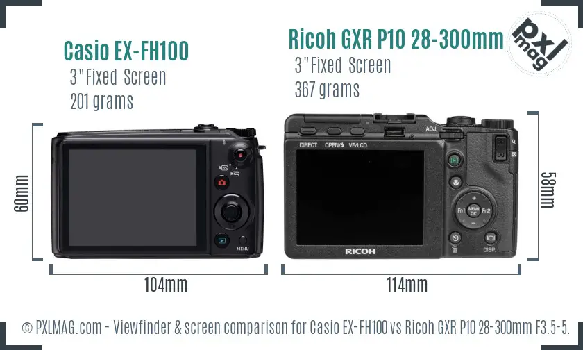 Casio EX-FH100 vs Ricoh GXR P10 28-300mm F3.5-5.6 VC Screen and Viewfinder comparison