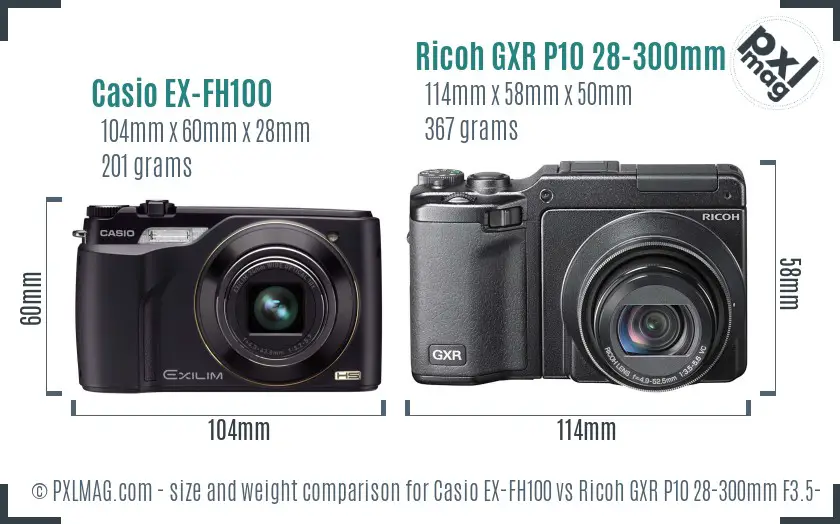 Casio EX-FH100 vs Ricoh GXR P10 28-300mm F3.5-5.6 VC size comparison