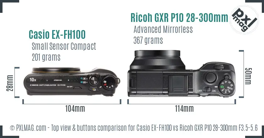 Casio EX-FH100 vs Ricoh GXR P10 28-300mm F3.5-5.6 VC top view buttons comparison