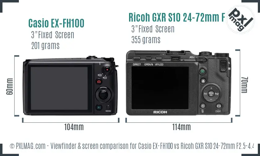 Casio EX-FH100 vs Ricoh GXR S10 24-72mm F2.5-4.4 VC Screen and Viewfinder comparison