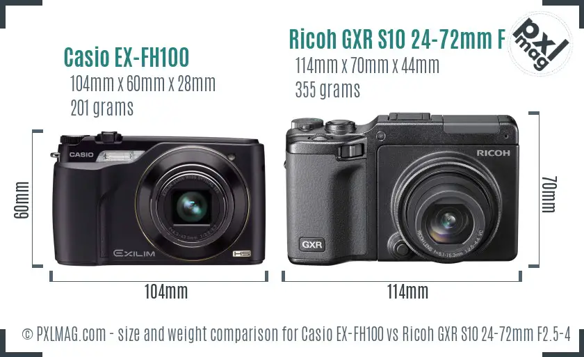 Casio EX-FH100 vs Ricoh GXR S10 24-72mm F2.5-4.4 VC size comparison