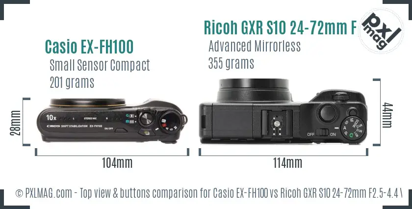 Casio EX-FH100 vs Ricoh GXR S10 24-72mm F2.5-4.4 VC top view buttons comparison