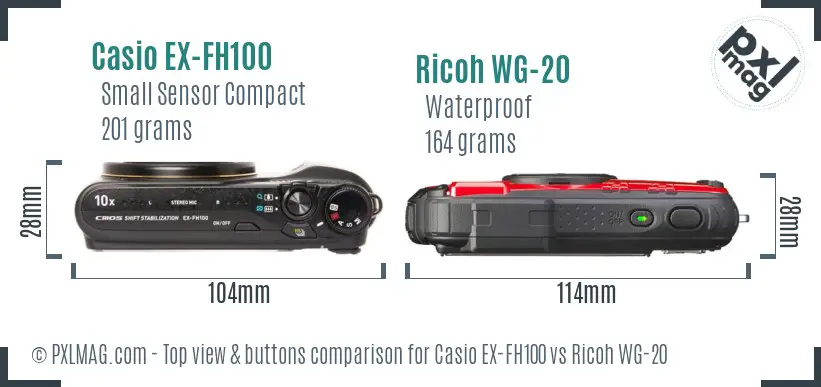 Casio EX-FH100 vs Ricoh WG-20 top view buttons comparison