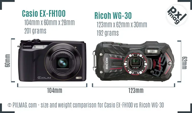 Casio EX-FH100 vs Ricoh WG-30 size comparison