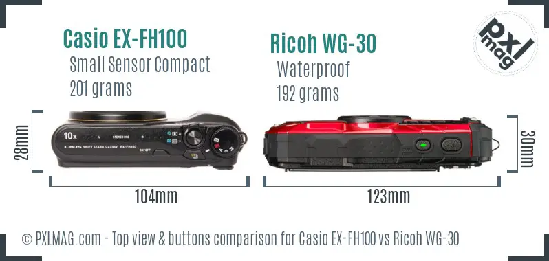 Casio EX-FH100 vs Ricoh WG-30 top view buttons comparison