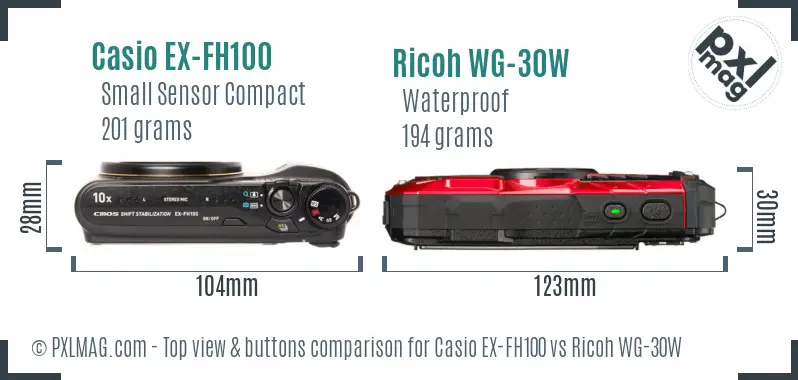 Casio EX-FH100 vs Ricoh WG-30W top view buttons comparison