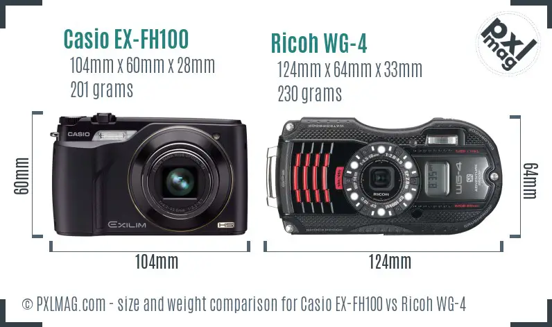 Casio EX-FH100 vs Ricoh WG-4 size comparison