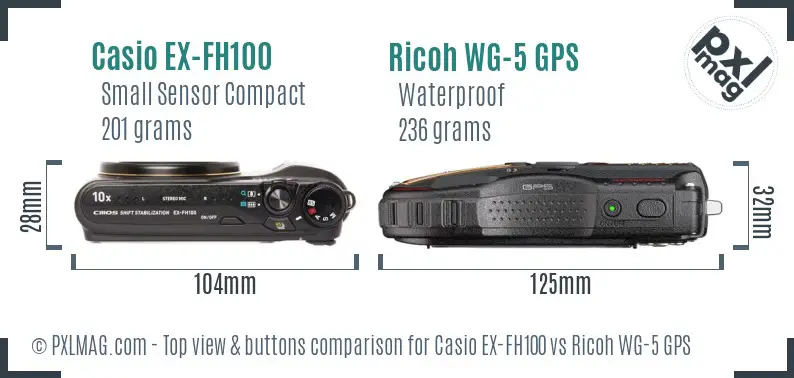 Casio EX-FH100 vs Ricoh WG-5 GPS top view buttons comparison