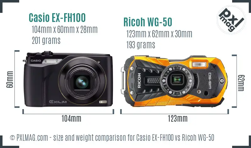 Casio EX-FH100 vs Ricoh WG-50 size comparison