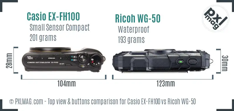 Casio EX-FH100 vs Ricoh WG-50 top view buttons comparison