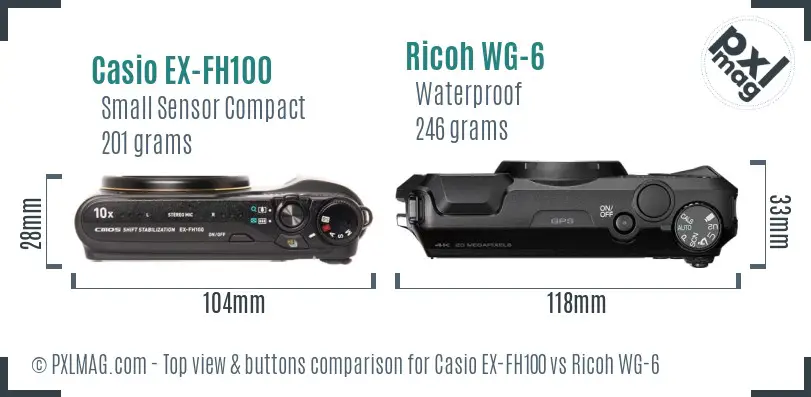 Casio EX-FH100 vs Ricoh WG-6 top view buttons comparison