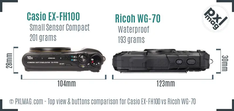 Casio EX-FH100 vs Ricoh WG-70 top view buttons comparison