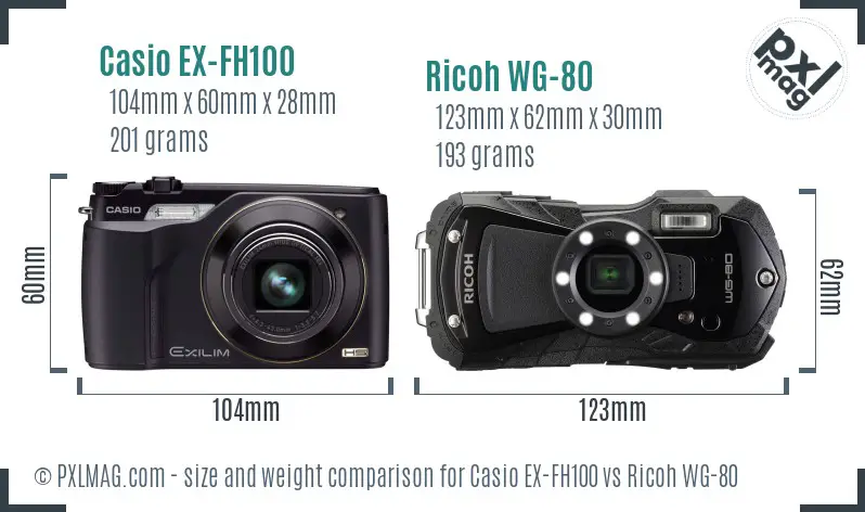 Casio EX-FH100 vs Ricoh WG-80 size comparison