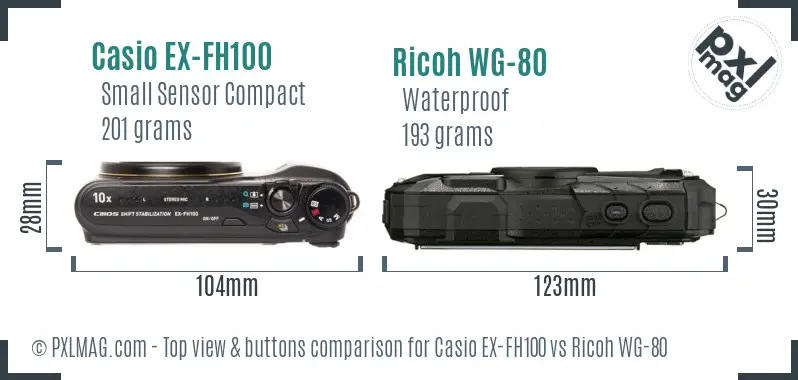 Casio EX-FH100 vs Ricoh WG-80 top view buttons comparison