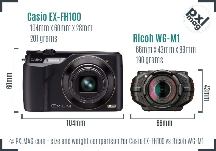 Casio EX-FH100 vs Ricoh WG-M1 size comparison