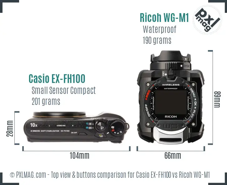 Casio EX-FH100 vs Ricoh WG-M1 top view buttons comparison