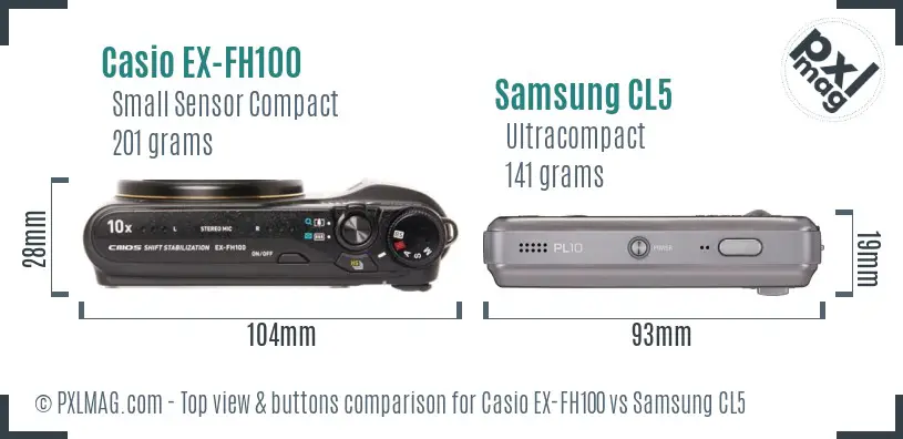 Casio EX-FH100 vs Samsung CL5 top view buttons comparison