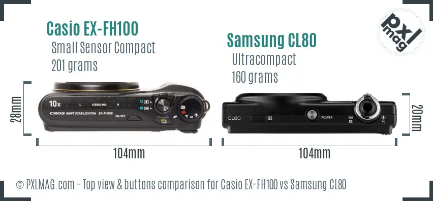 Casio EX-FH100 vs Samsung CL80 top view buttons comparison Casio EX-FH100 vs Samsung CL80 top view buttons comparison
