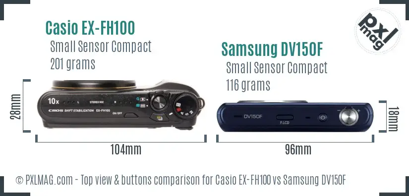 Casio EX-FH100 vs Samsung DV150F top view buttons comparison Casio EX-FH100 vs Samsung DV150F top view buttons comparison