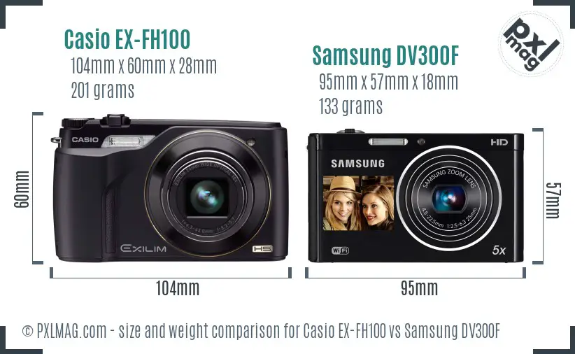 Casio EX-FH100 vs Samsung DV300F size comparison