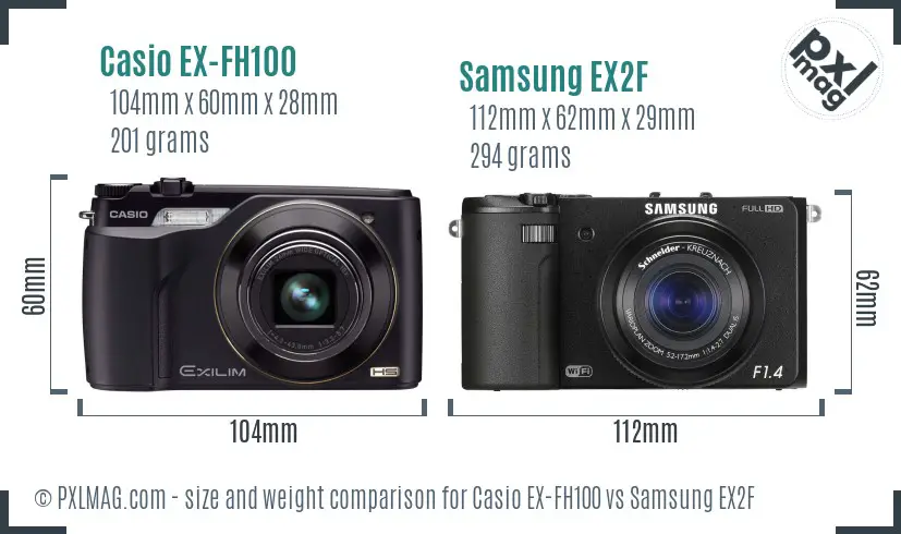 Casio EX-FH100 vs Samsung EX2F size comparison