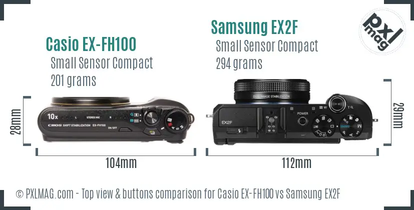 Casio EX-FH100 vs Samsung EX2F top view buttons comparison
