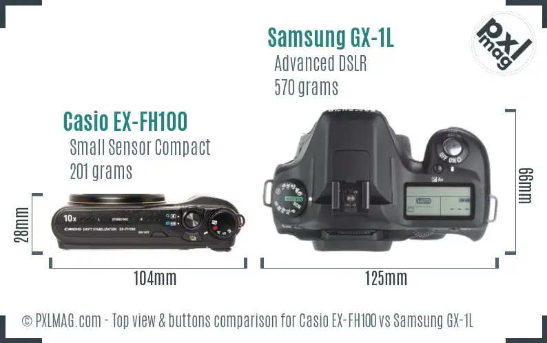 Casio EX-FH100 vs Samsung GX-1L top view buttons comparison