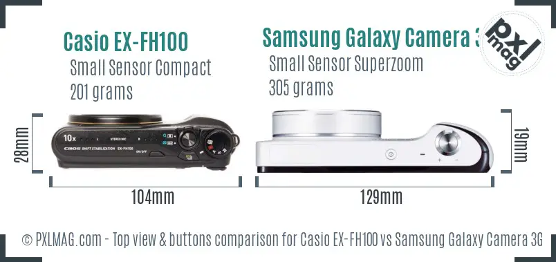 Casio EX-FH100 vs Samsung Galaxy Camera 3G top view buttons comparison