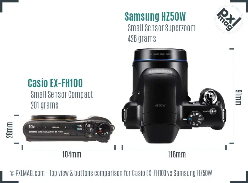 Casio EX-FH100 vs Samsung HZ50W top view buttons comparison Casio EX-FH100 vs Samsung HZ50W top view buttons comparison