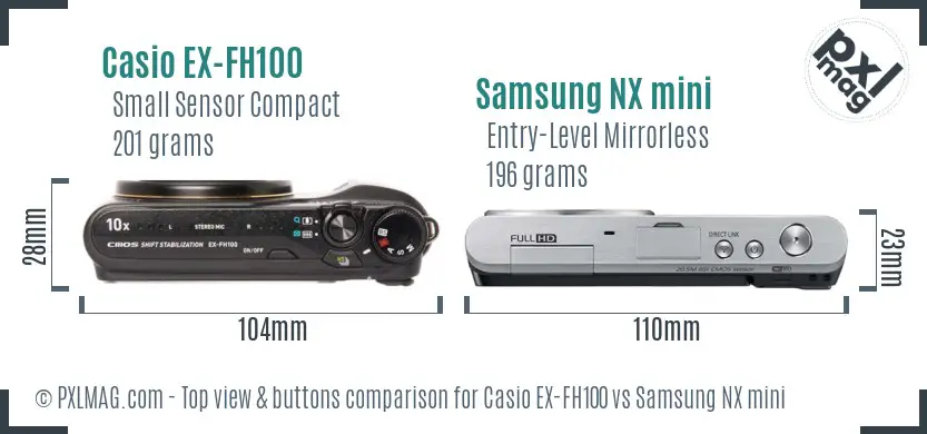 Casio EX-FH100 vs Samsung NX mini top view buttons comparison Casio EX-FH100 vs Samsung NX mini top view buttons comparison