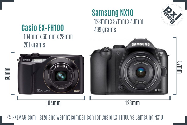 Casio EX-FH100 vs Samsung NX10 size comparison