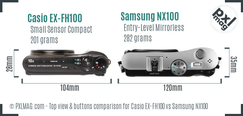 Casio EX-FH100 vs Samsung NX100 top view buttons comparison