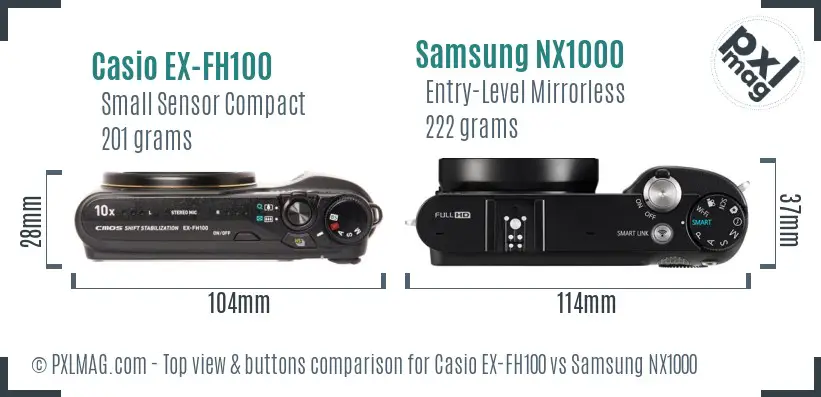 Casio EX-FH100 vs Samsung NX1000 top view buttons comparison