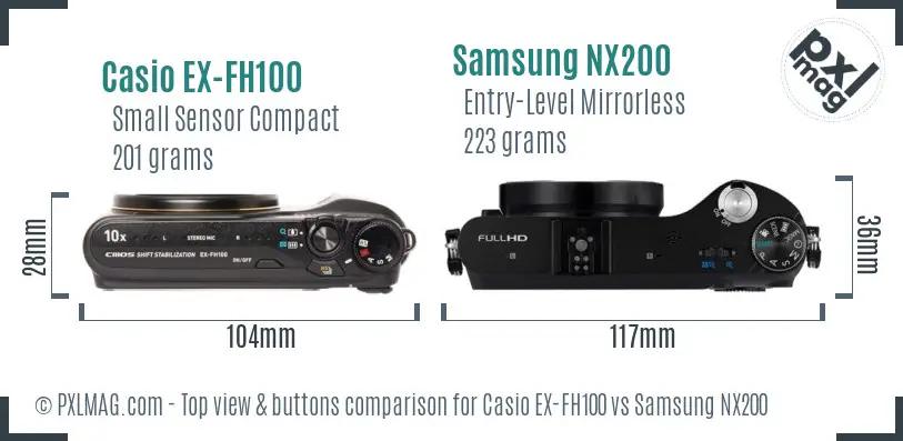 Casio EX-FH100 vs Samsung NX200 top view buttons comparison