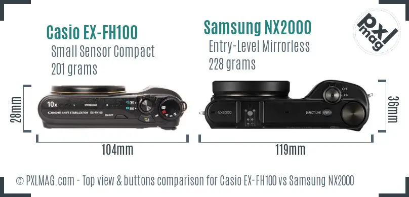 Casio EX-FH100 vs Samsung NX2000 top view buttons comparison Casio EX-FH100 vs Samsung NX2000 top view buttons comparison