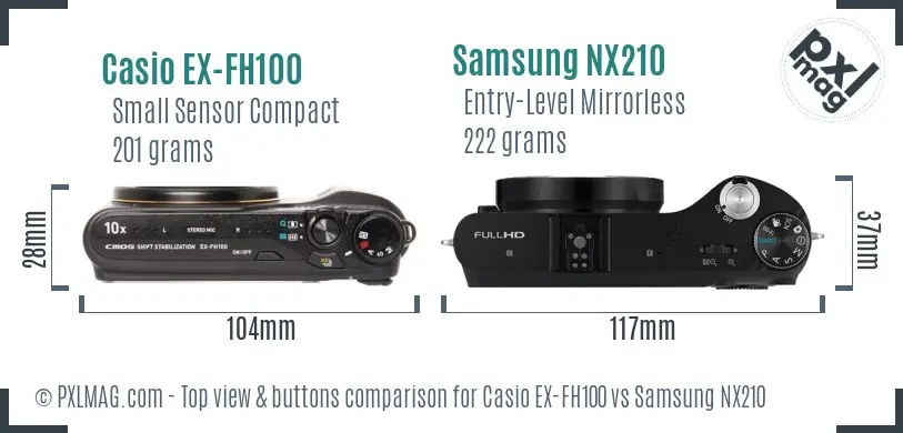 Casio EX-FH100 vs Samsung NX210 top view buttons comparison