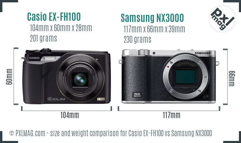 Casio EX-FH100 vs Samsung NX3000 size comparison