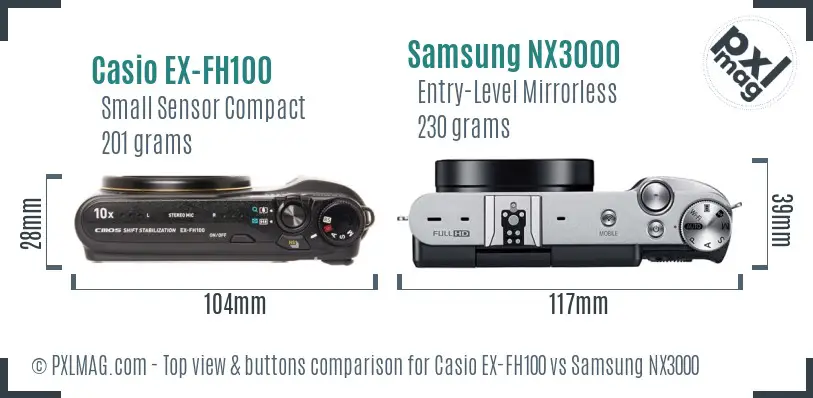 Casio EX-FH100 vs Samsung NX3000 top view buttons comparison