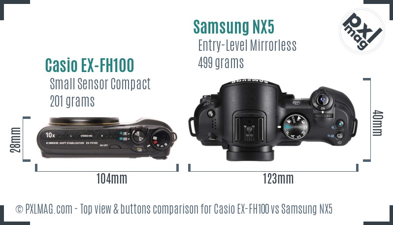 Casio EX-FH100 vs Samsung NX5 top view buttons comparison