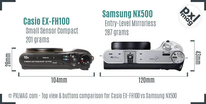 Casio EX-FH100 vs Samsung NX500 top view buttons comparison Casio EX-FH100 vs Samsung NX500 top view buttons comparison