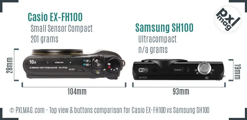 Casio EX-FH100 vs Samsung SH100 top view buttons comparison Casio EX-FH100 vs Samsung SH100 top view buttons comparison